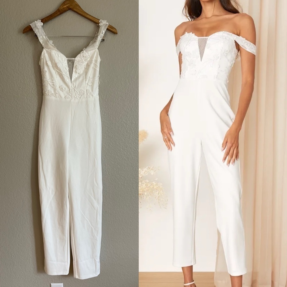 White Embroidered Off-The-Shoulder Jumpsuit NWOT XS